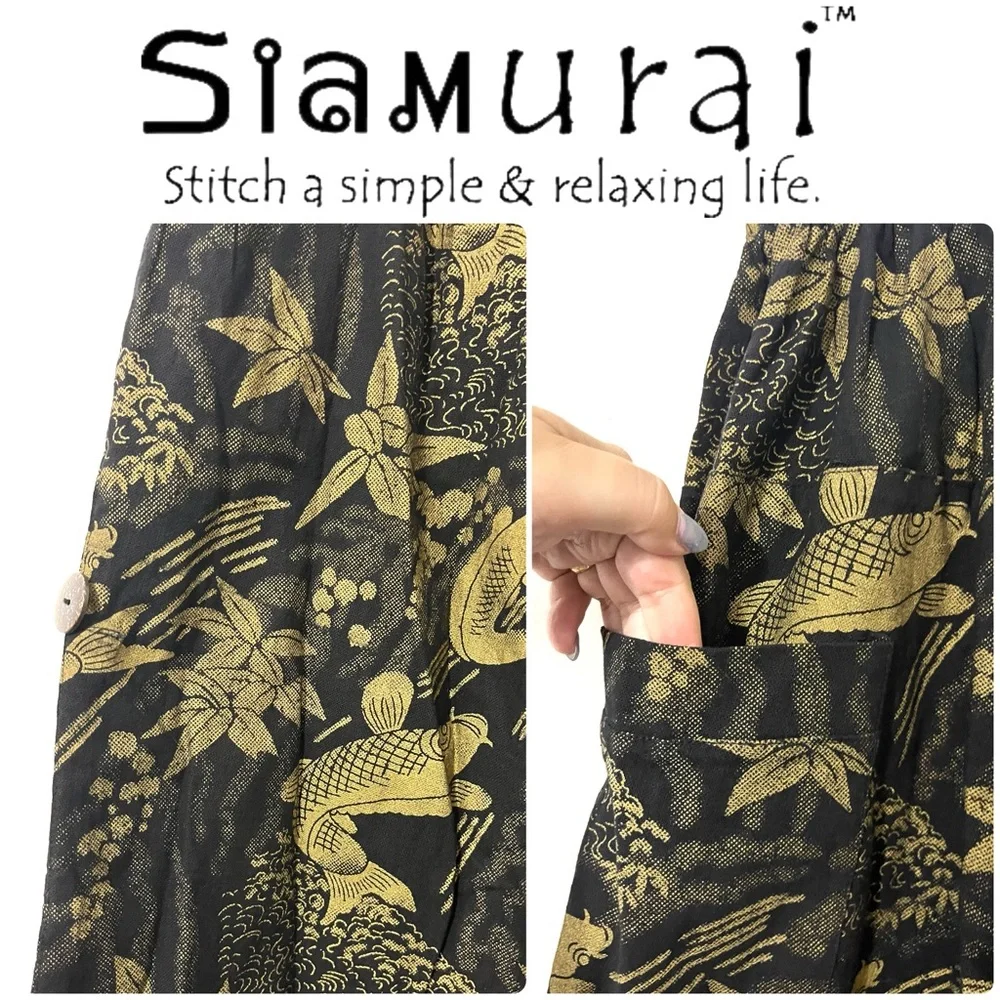 Samurai Pants 🎋 Black & Golden Koi • Elastic Waist One Size Unisex • Thailand - Picture 3 of 6